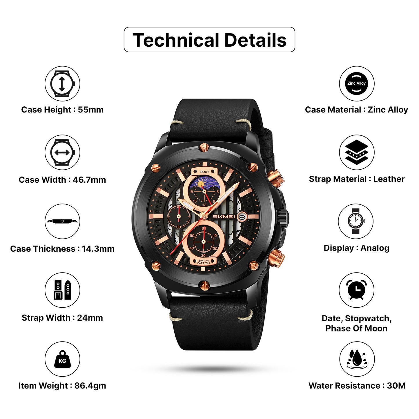 Skmei Quartz Analog Dial Leather Strap Watch for Men - 9351