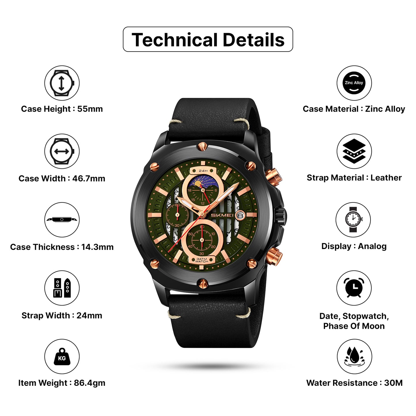 Skmei Quartz Analog Dial Leather Strap Watch for Men - 9351