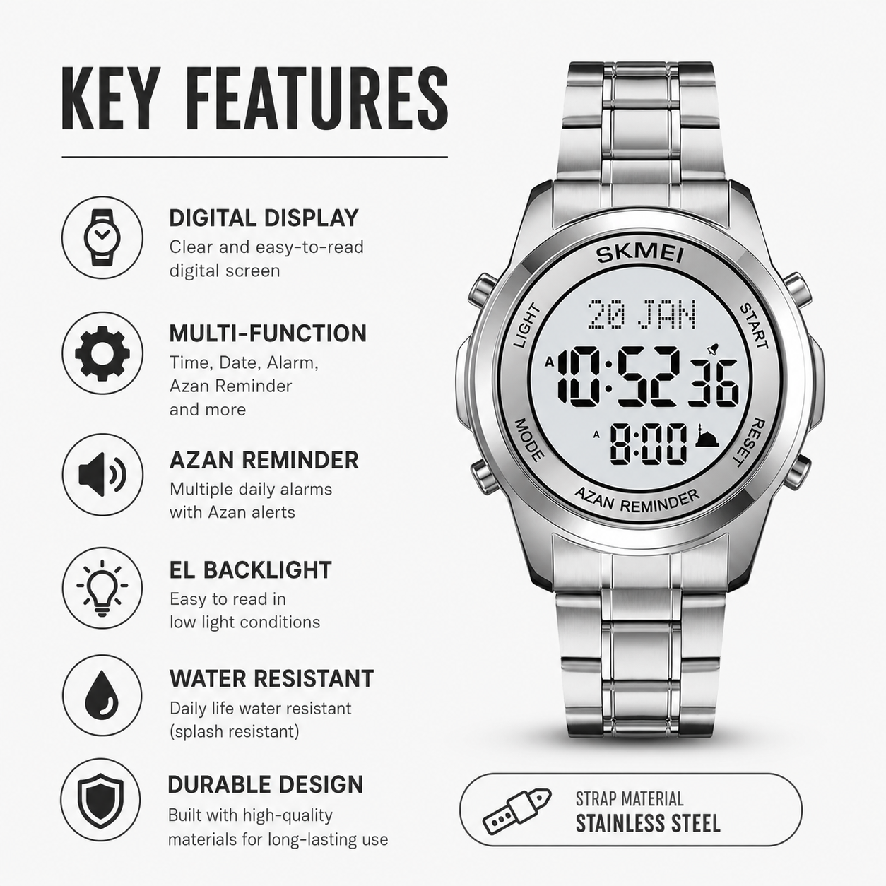 Digital Watch with Stainless Steel Strap for men