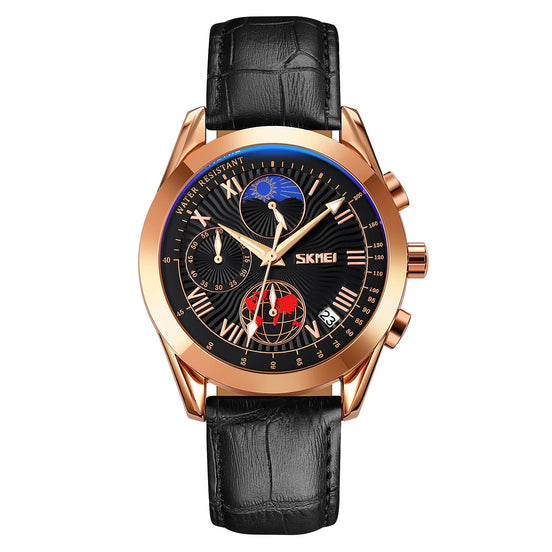 Analog Watch for Men with Rose Gold - Black Leather Strap and Round Dial for Casual & Formal Wear