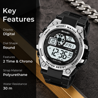 Rugged Digital Sports Watch with Dual Time Display for men