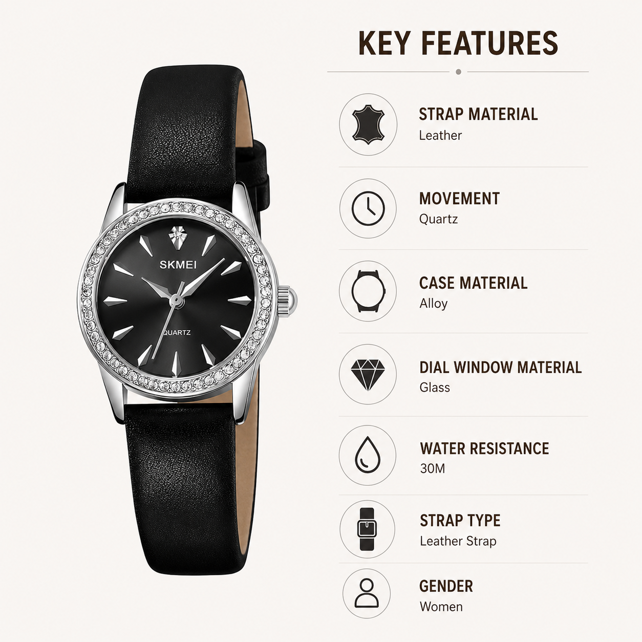 Elegant Crystal Dial Analog Wrist Watch with Leather Strap for women