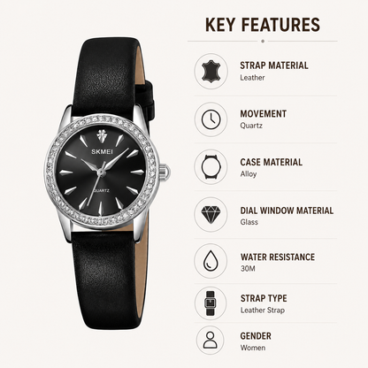 Elegant Crystal Dial Analog Wrist Watch with Leather Strap for women