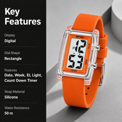 Digital Watch for Men LED Display, Rectangle Dial, Waterproof Sports Watch with Silicone Strap
