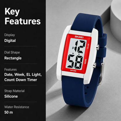Digital Watch for Men LED Display, Rectangle Dial, Waterproof Sports Watch with Silicone Strap