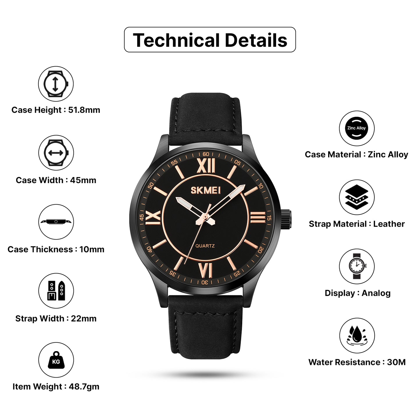 Skmei Quartz Analog Dial Leather Strap Watch for Men - 2029