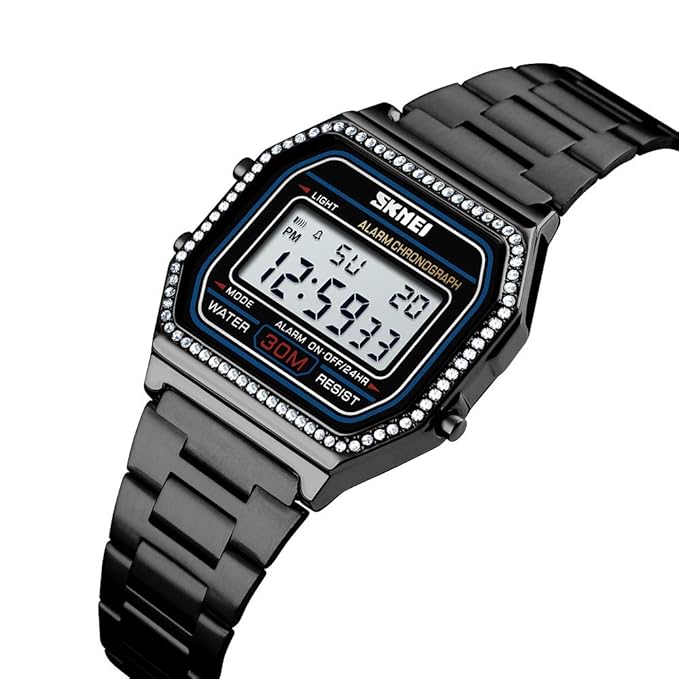 Digital Watch with Backlit Display Stainless Steel Belt Unisex Watch - 1474