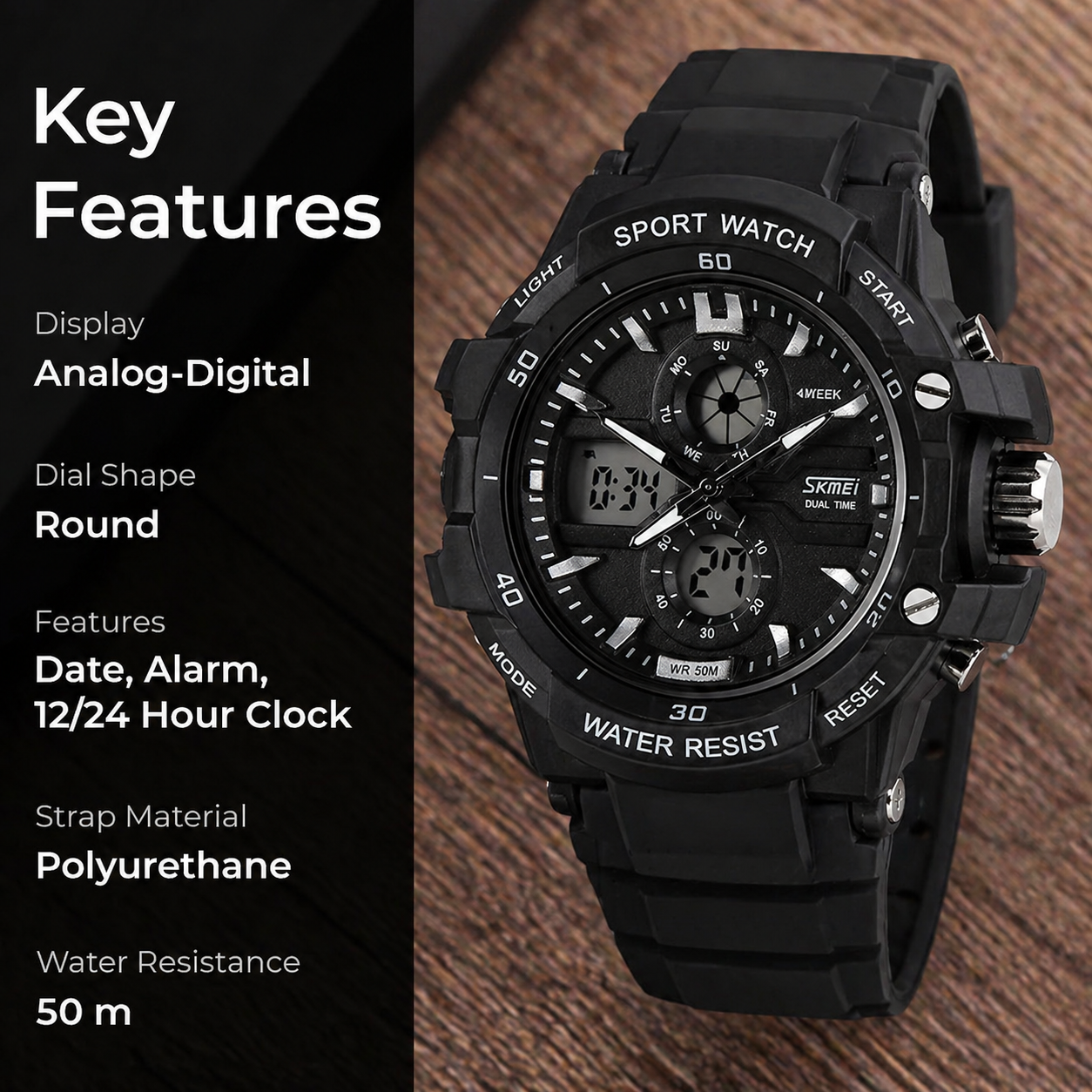Multi Function Analog Digital Sports Wrist Watch with Flexible Strap For Men