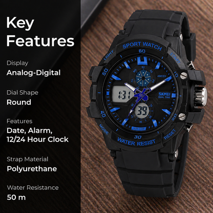 Multi Function Analog Digital Sports Wrist Watch with Flexible Strap For Men