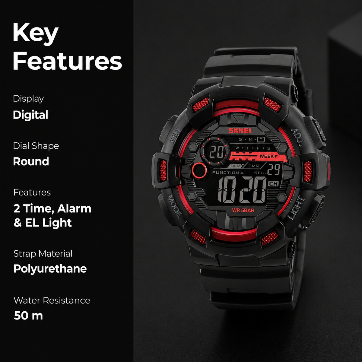 Digital Watch for Men with Black Polyurethane Strap and Round Dial for Casual & Formal Wear