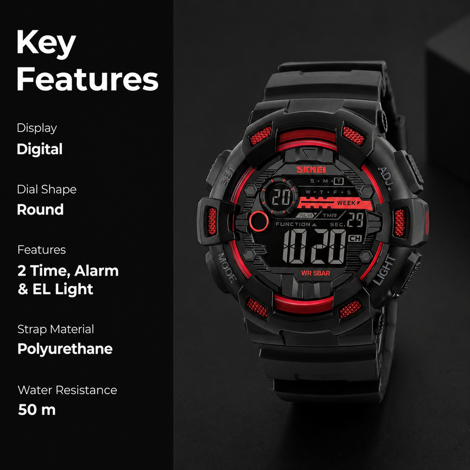 Digital Watch for Men with Black Polyurethane Strap and Round Dial for Casual & Formal Wear
