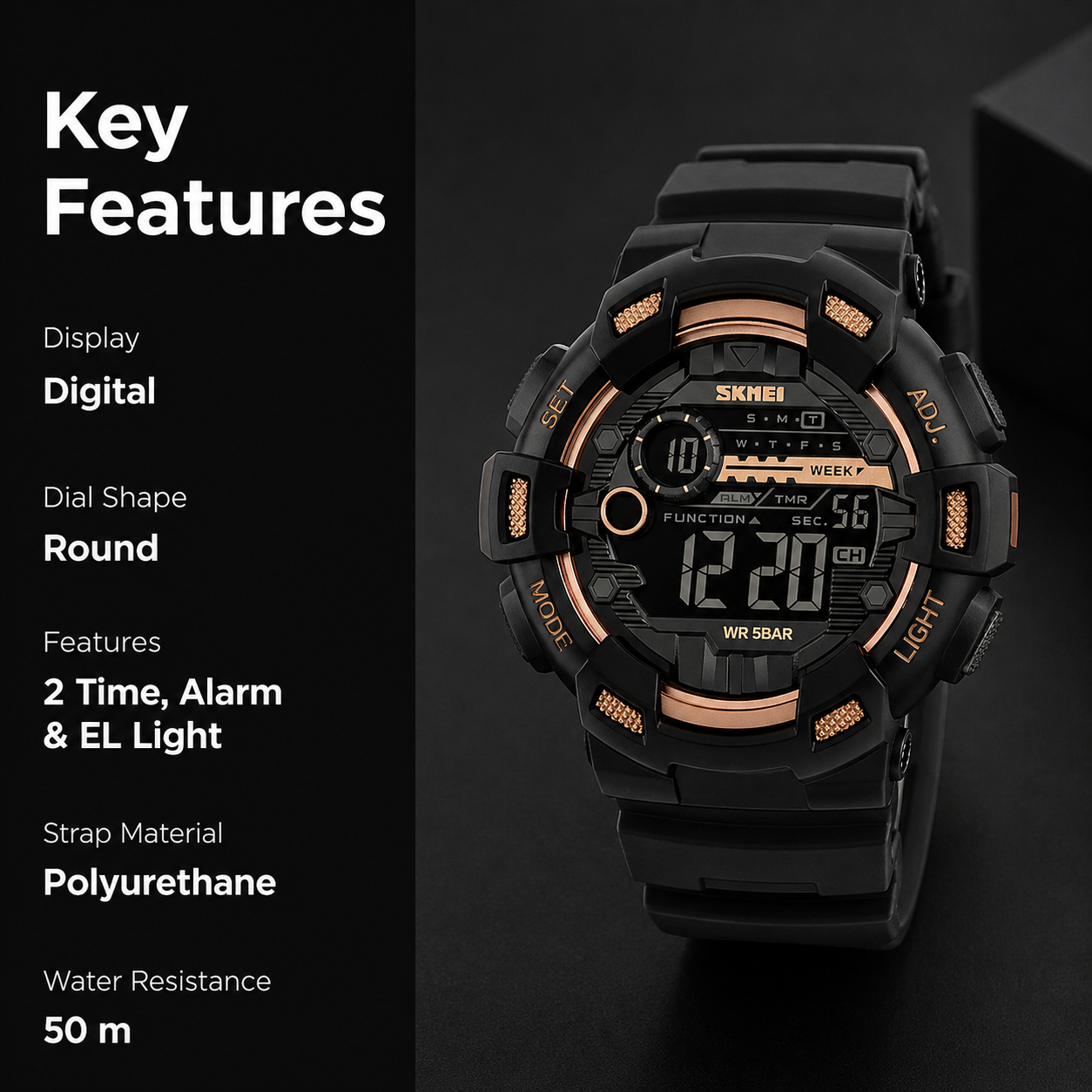 Digital Sports Watch for Men with Alarm Week Display LED Light and Durable Strap