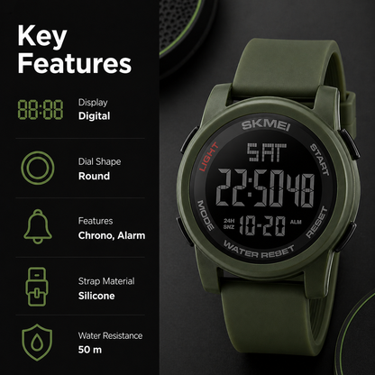 Premium Digital Sports Watch for Men with Round Dial Dual Time Alarm Stopwatch Luminous Display and Comfortable Strap