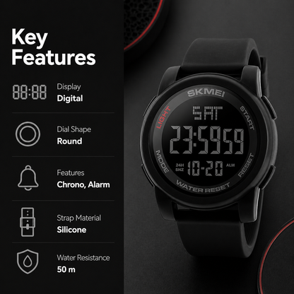 Premium Digital Sports Watch for Men with Round Dial Dual Time Alarm Stopwatch Luminous Display and Comfortable Strap