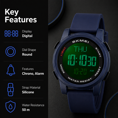 Premium Digital Sports Watch for Men with Round Dial Dual Time Alarm Stopwatch Luminous Display and Comfortable Strap