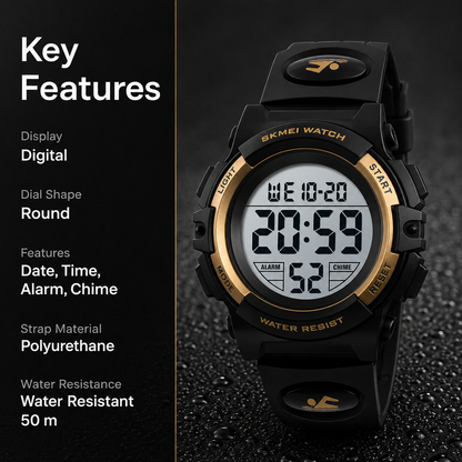 Rugged Digital Sports Wrist Watch with Resin Strap and Multi Function Display For Kids
