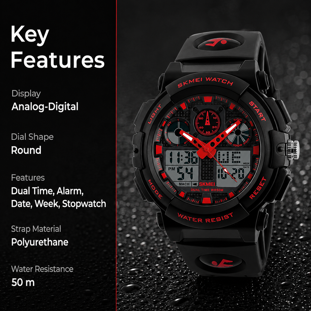 Premium Analog Digital Sports Watch for Men with Dual Display Alarm LED Light and Durable Strap