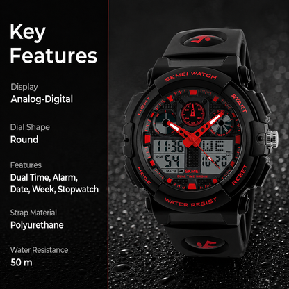 Premium Analog Digital Sports Watch for Men with Dual Display Alarm LED Light and Durable Strap