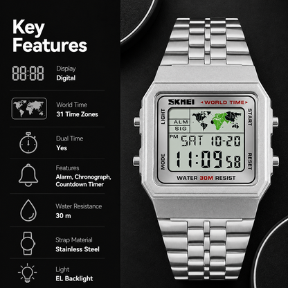 Vintage Digital Wrist Watch with Metal Strap and World Time Display For Men