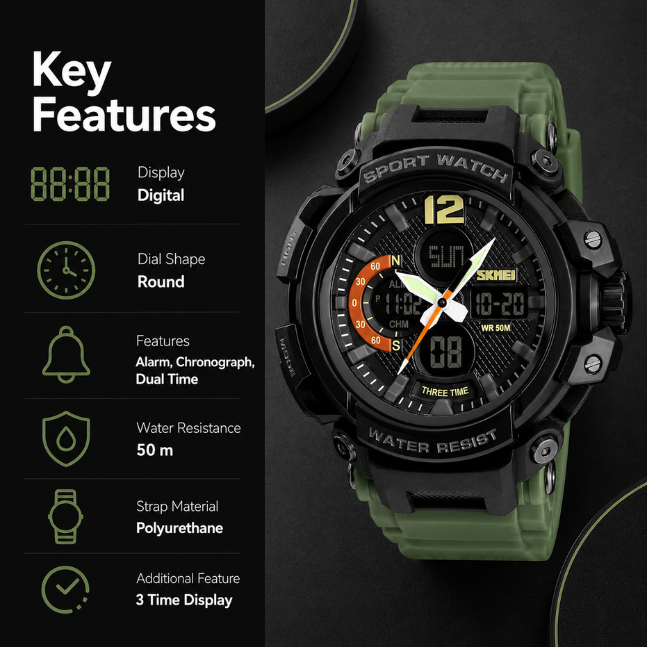 Analog-Digital Watch for Men with Army Green Polyurethane Strap and Round Dial for Casual & Formal Wear