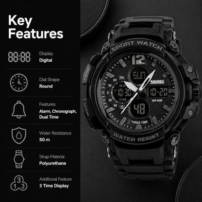 Rugged Dual Display Sports Wrist Watch with Resin Strap For Men