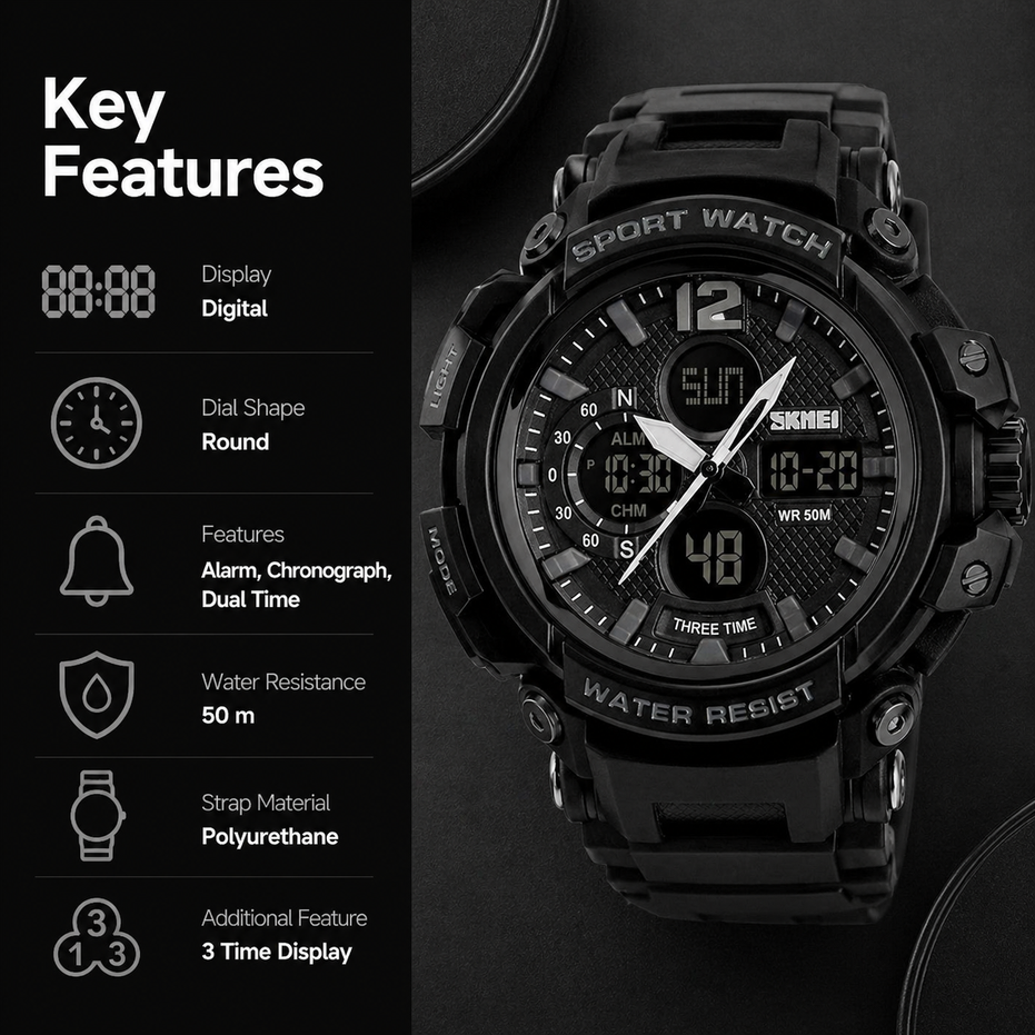 Analog-Digital Watch for Men with Black Polyurethane Strap and Round Dial for Casual & Formal Wear