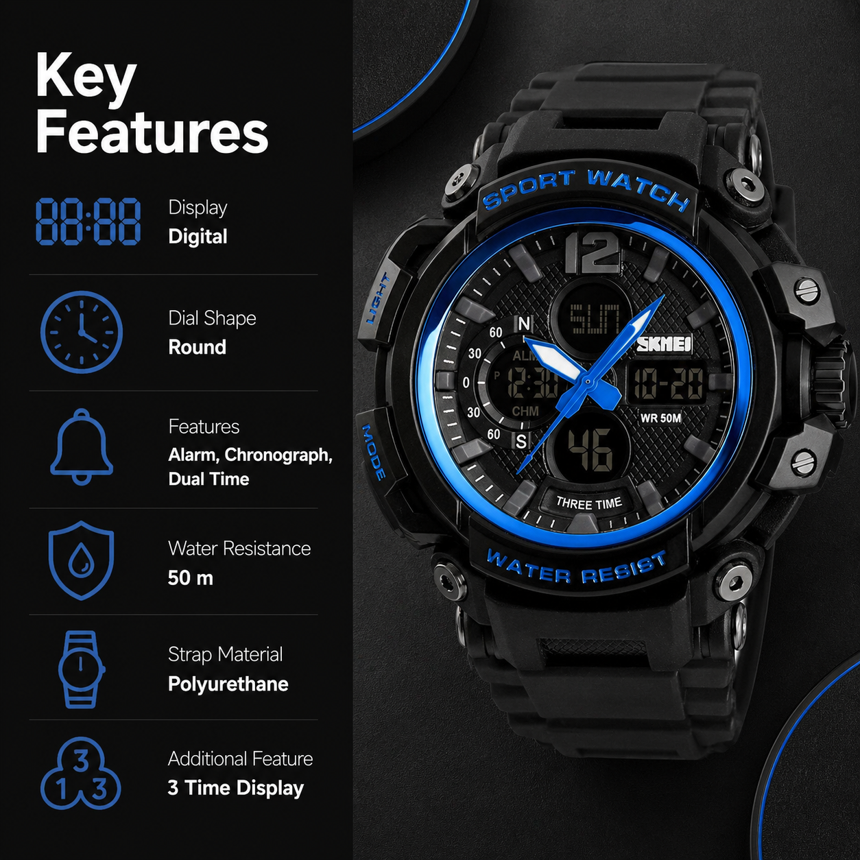 Rugged Dual Display Sports Wrist Watch with Resin Strap For Men