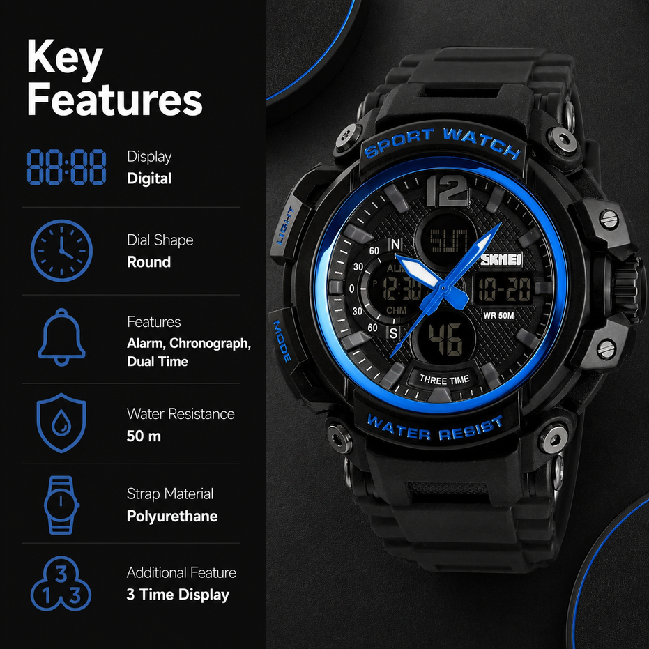Analog-Digital Watch for Men with Black Polyurethane Strap and Round Dial for Casual & Formal Wear