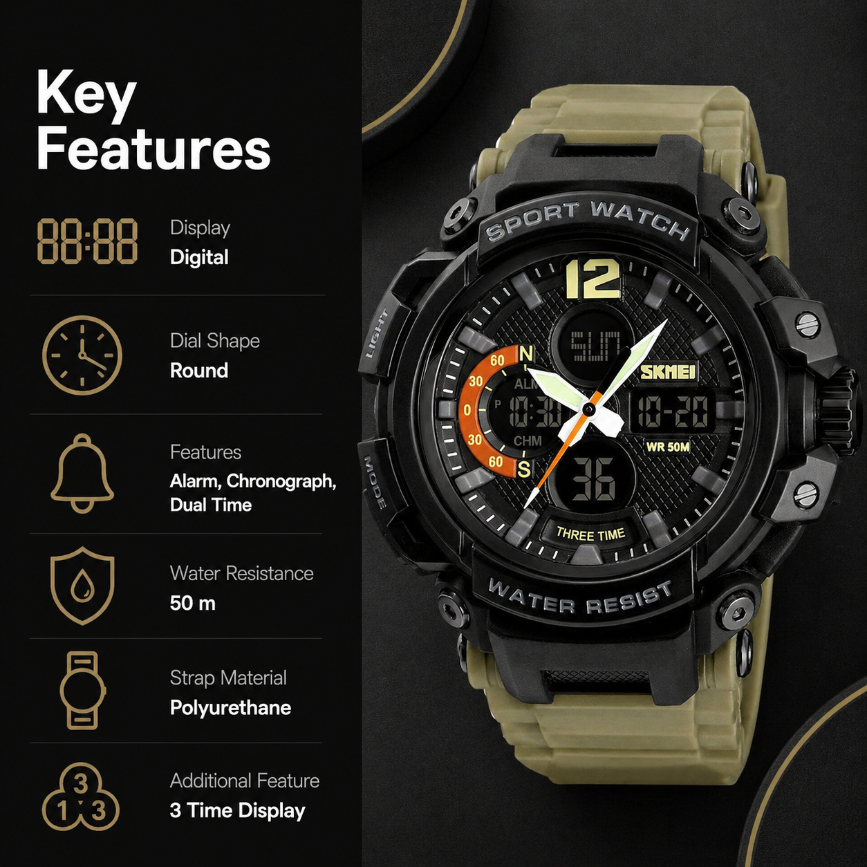 Rugged Dual Display Sports Wrist Watch with Resin Strap For Men