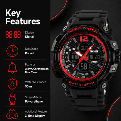 Rugged Dual Display Sports Wrist Watch with Resin Strap For Men