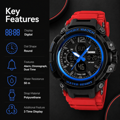 Rugged Dual Display Sports Wrist Watch with Resin Strap For Men