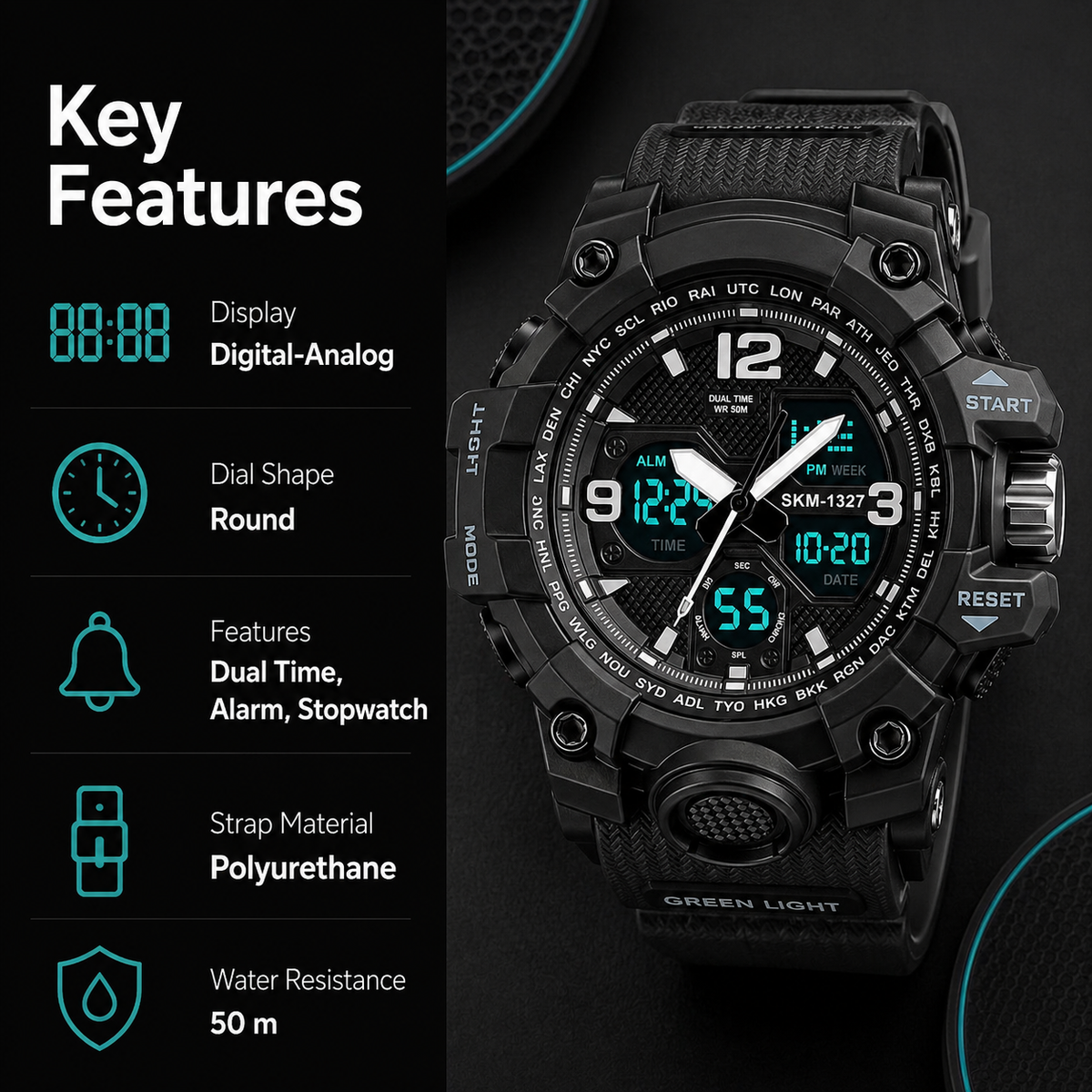 Analog-Digital Watch for Men with Black Polyurethane Strap and Round Dial for Casual & Formal Wear
