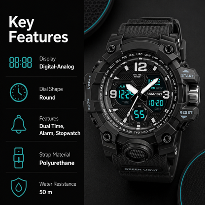 Dual Display Sports Wrist Watch with Rugged Design and Resin Strap For Men