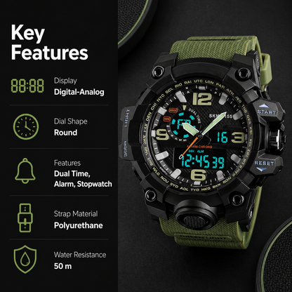 Dual Display Sports Wrist Watch with Rugged Design and Resin Strap For Men