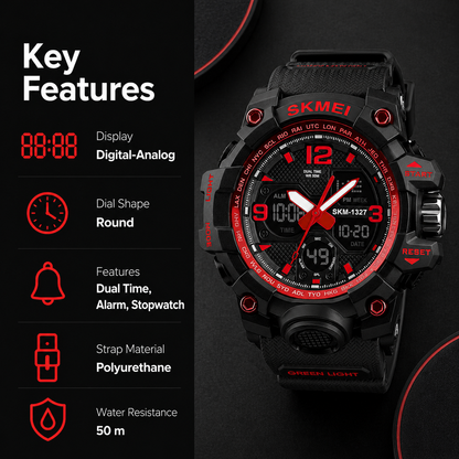 Dual Display Sports Wrist Watch with Rugged Design and Resin Strap For Men