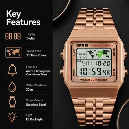 Vintage Digital Wrist Watch with Metal Strap and World Time Display For Men