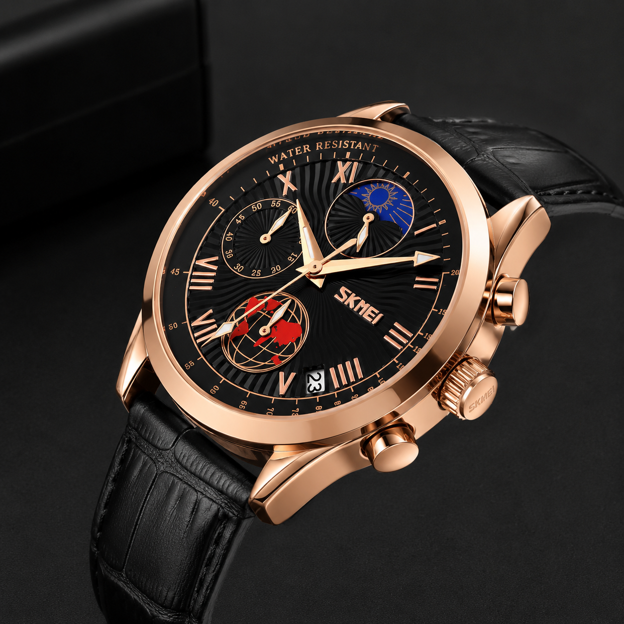 Elegant Analog Chronograph Wrist Watch with Leather Strap For Men