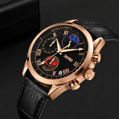 Elegant Analog Chronograph Wrist Watch with Leather Strap For Men