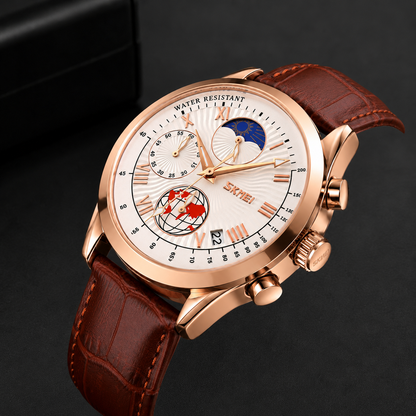 Elegant Analog Chronograph Wrist Watch with Leather Strap For Men
