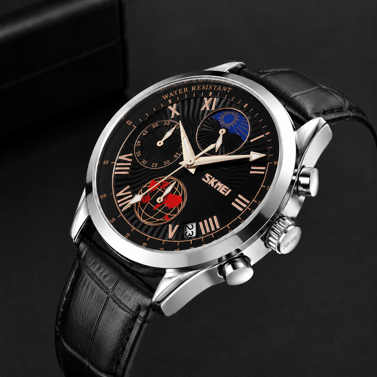 Analog Watch for Men with Silver - Black Leather Strap and Round Dial for Casual & Formal Wear