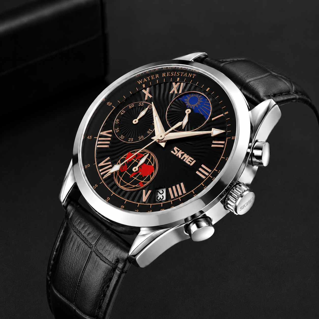 Elegant Analog Chronograph Wrist Watch with Leather Strap For Men