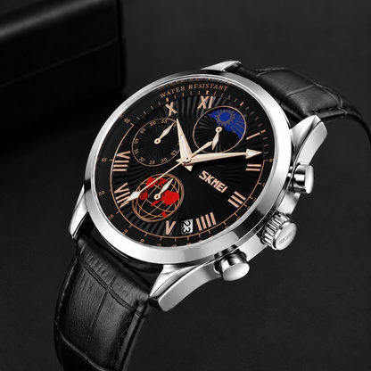Elegant Analog Chronograph Wrist Watch with Leather Strap For Men