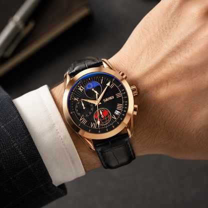 Elegant Analog Chronograph Wrist Watch with Leather Strap For Men