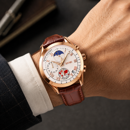 Elegant Analog Chronograph Wrist Watch with Leather Strap For Men