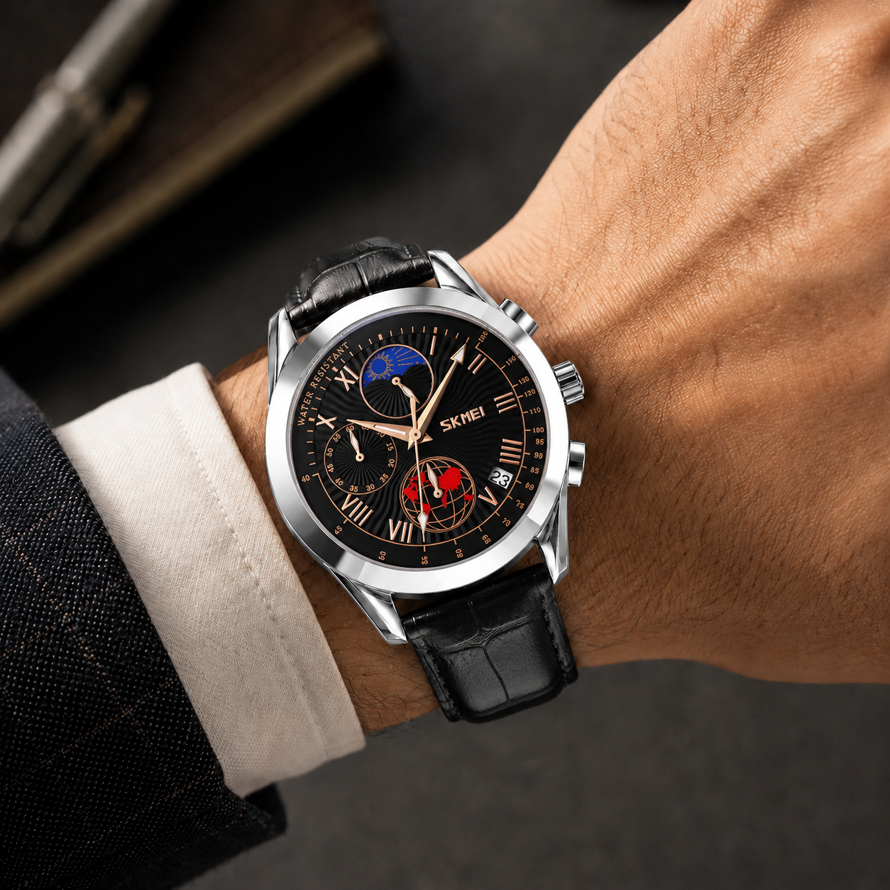 Elegant Analog Chronograph Wrist Watch with Leather Strap For Men
