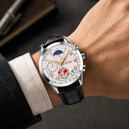 Elegant Analog Chronograph Wrist Watch with Leather Strap For Men