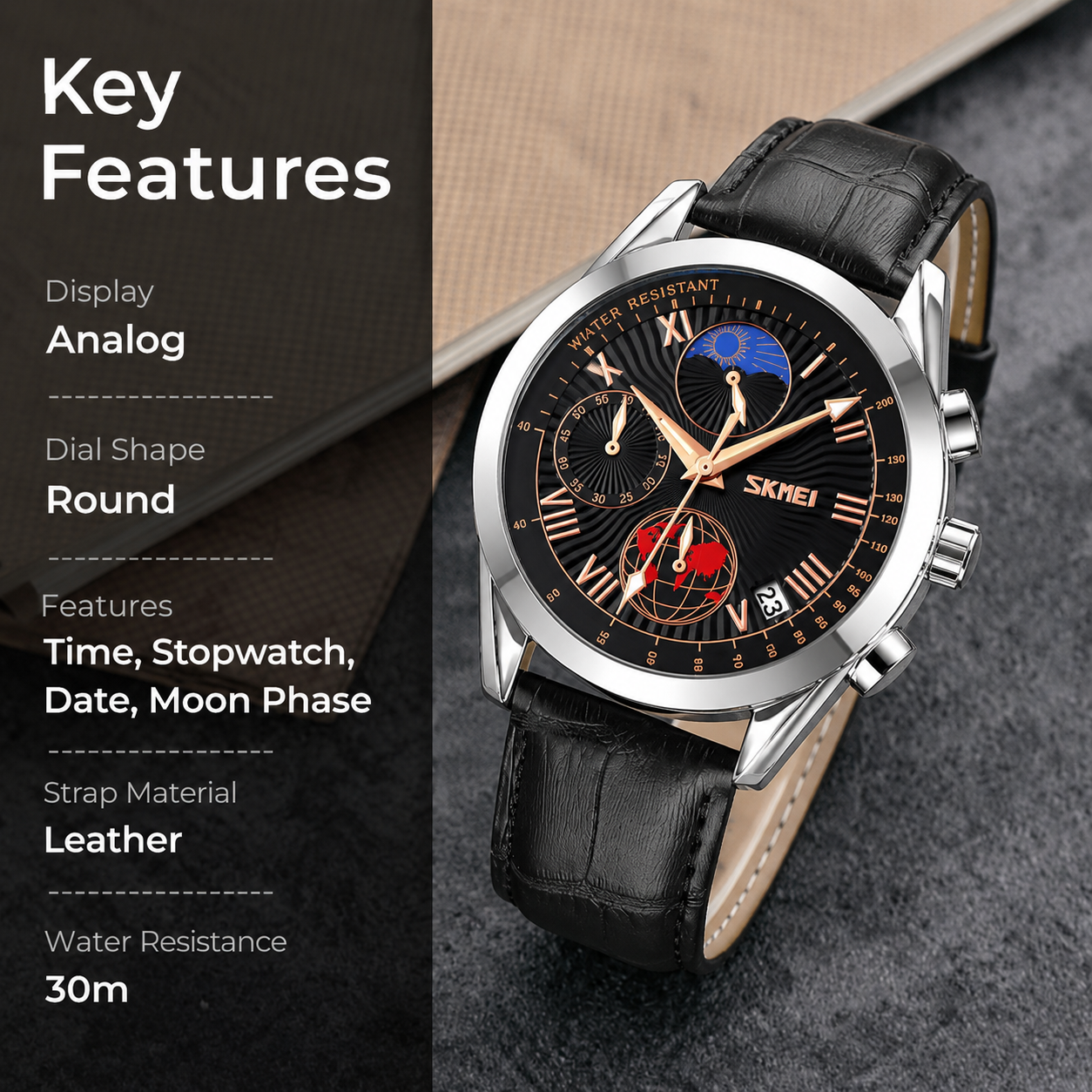 Elegant Analog Chronograph Wrist Watch with Leather Strap For Men