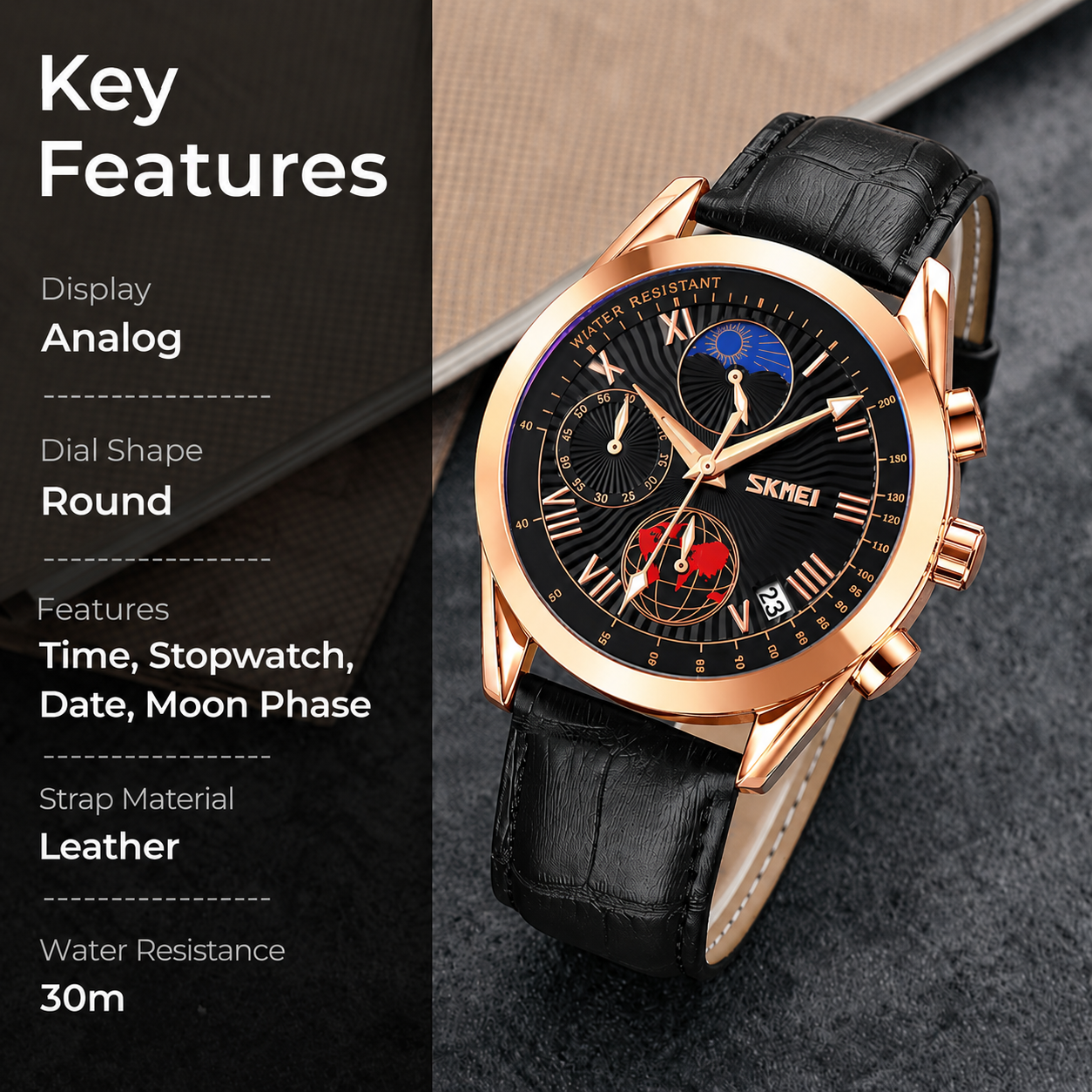 Elegant Analog Chronograph Wrist Watch with Leather Strap For Men