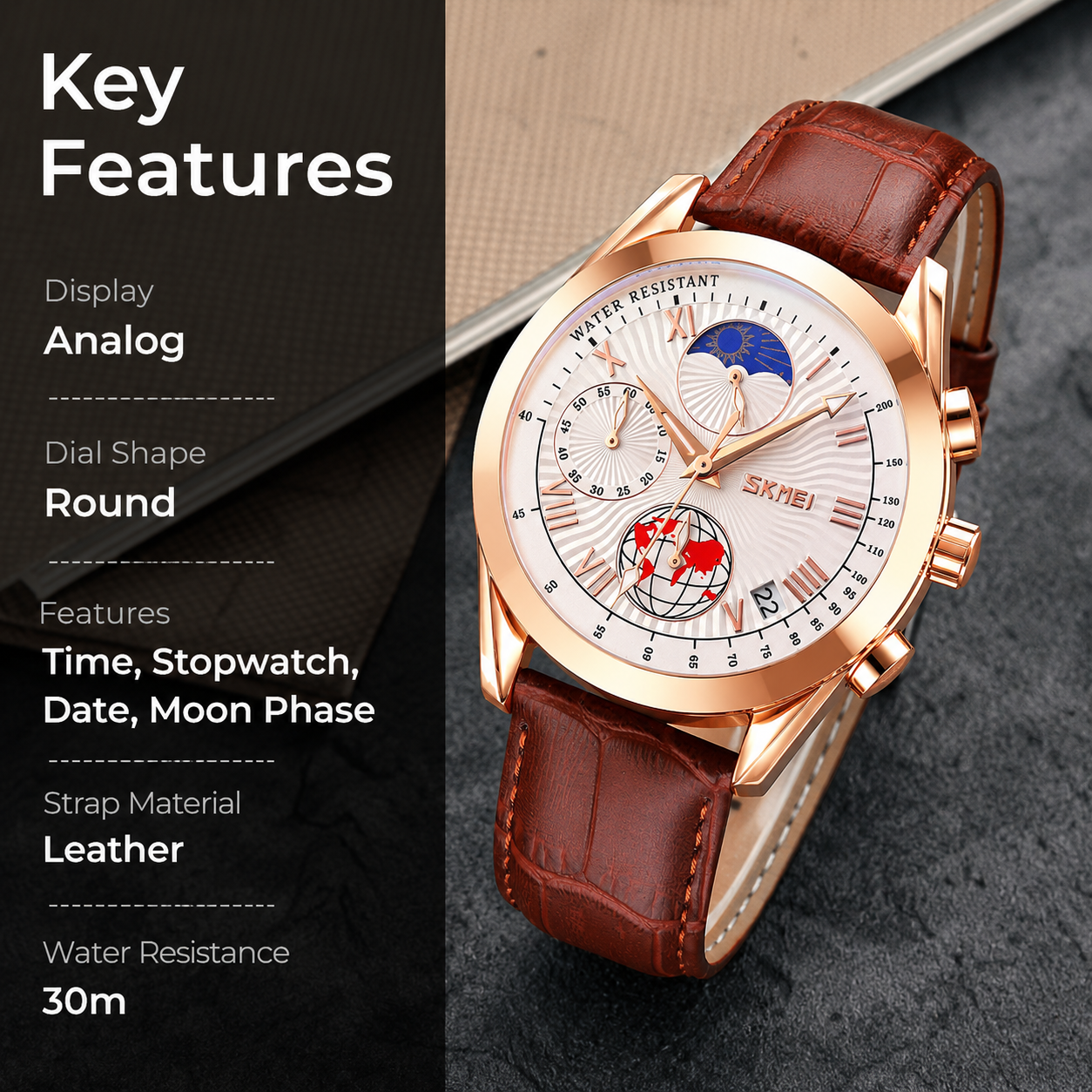 Elegant Analog Chronograph Wrist Watch with Leather Strap For Men