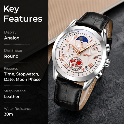 Elegant Analog Chronograph Wrist Watch with Leather Strap For Men